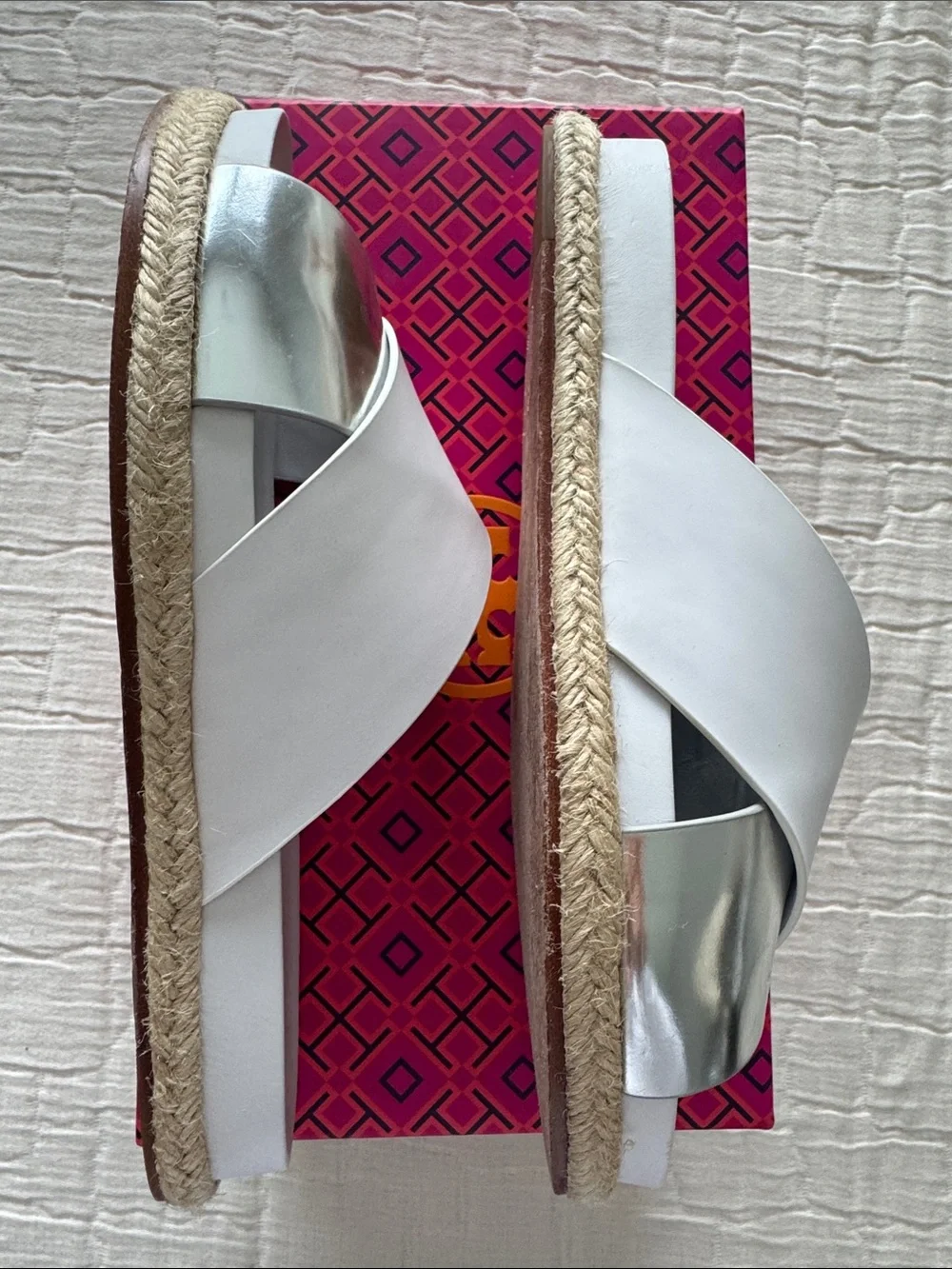 Tory Burch Monterey 2 Tone Espadrille Slide - White/Silver, Size 8